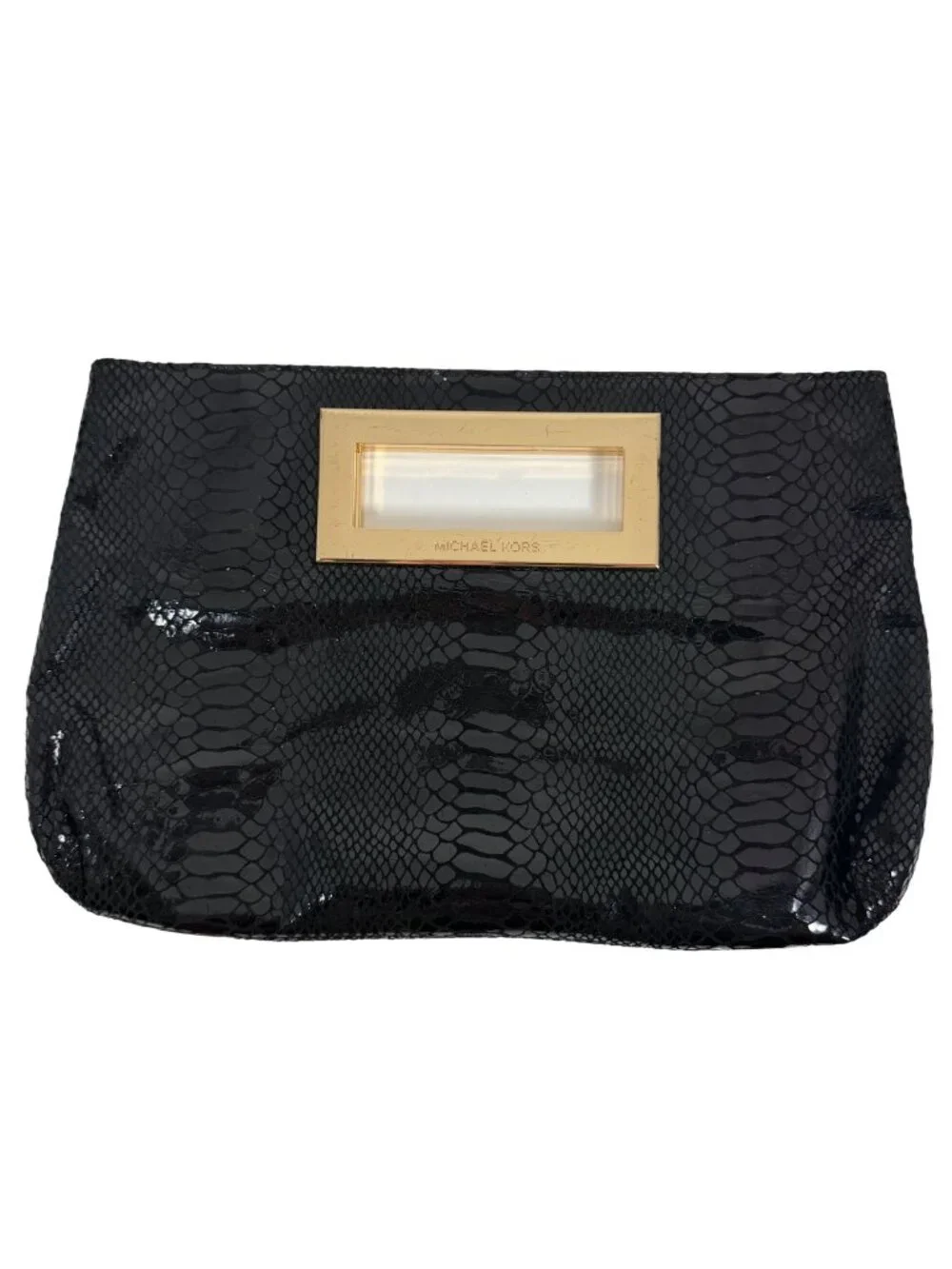 MICHAEL KORS - Berkeley Clutch Bag Black Snakeskin Pattern Patent Leather Gold